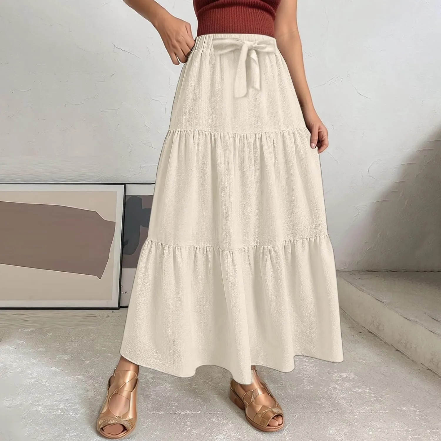 Linen Maxi Skirts for Women 2025 Summer Boho Long Flowy Bow Tie Elastic High Waist Tiered Swing Pleated A Line Skirt