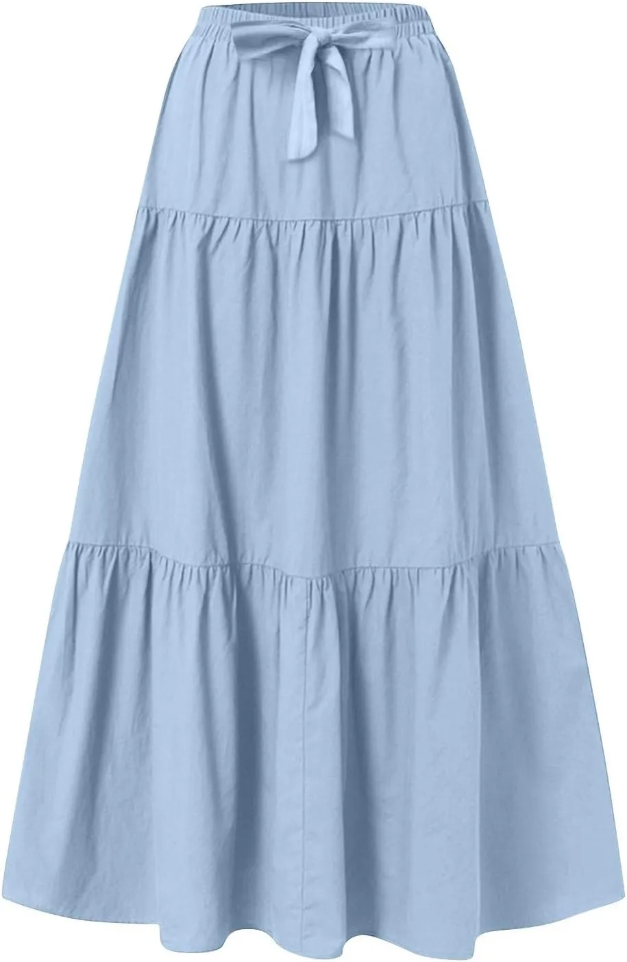 Linen Maxi Skirts for Women Summer Trendy Boho Long Flowy Bow Tie Elastic High Waist Tiered Swing Pleated A Line Skirt