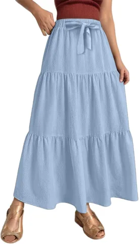 Linen Maxi Skirts for Women Summer Trendy Boho Long Flowy Bow Tie Elastic High Waist Tiered Swing Pleated A Line Skirt