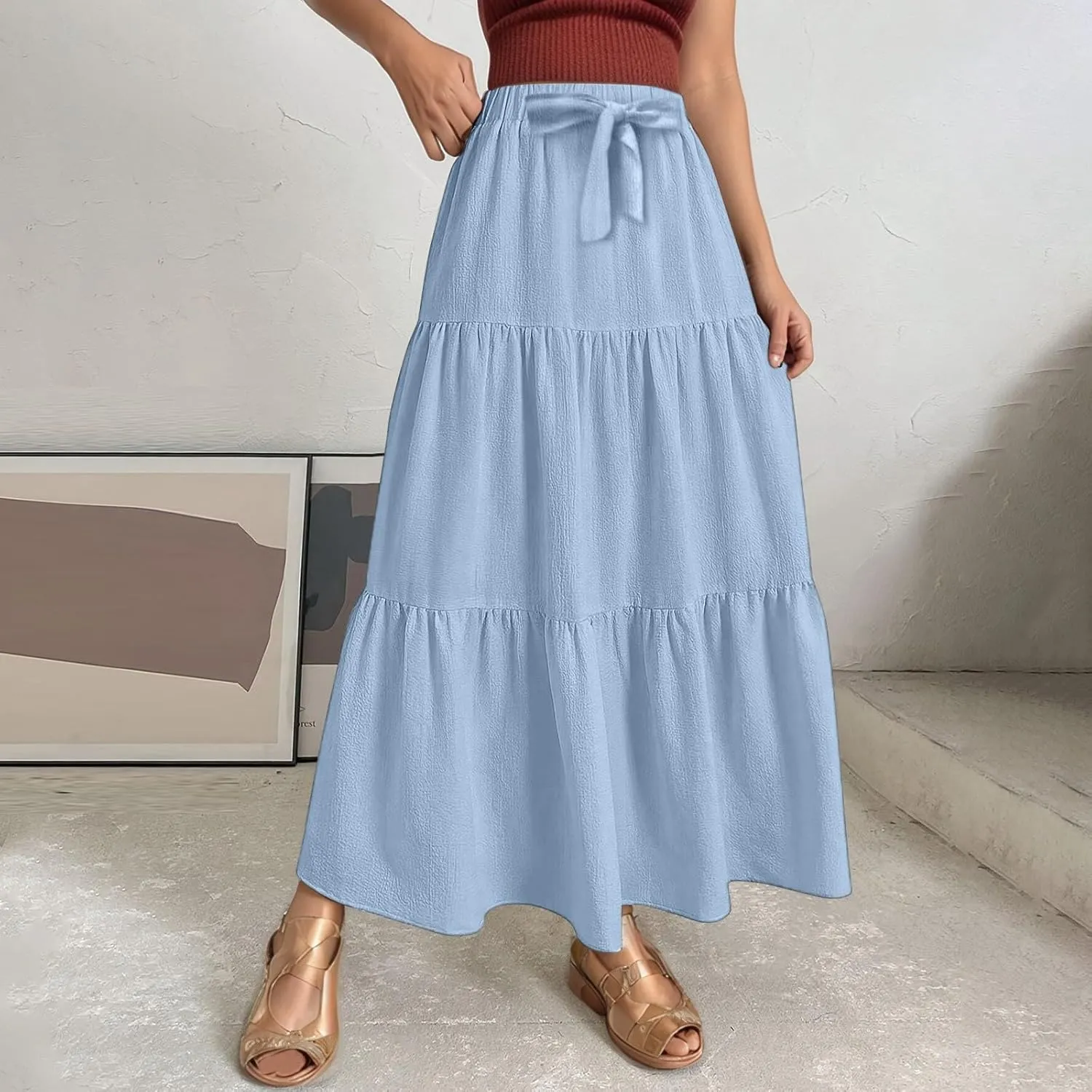 Linen Maxi Skirts for Women Summer Trendy Boho Long Flowy Bow Tie Elastic High Waist Tiered Swing Pleated A Line Skirt