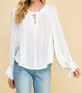 Long Sleeve Textured Smocking Boho top White