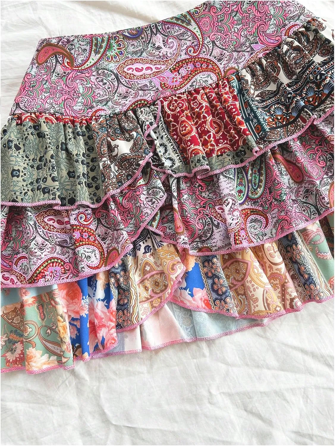 MakeMeChic Women's Boho Ruffle Hem Layered Skirt Paisley Print A Line Mini Skirts