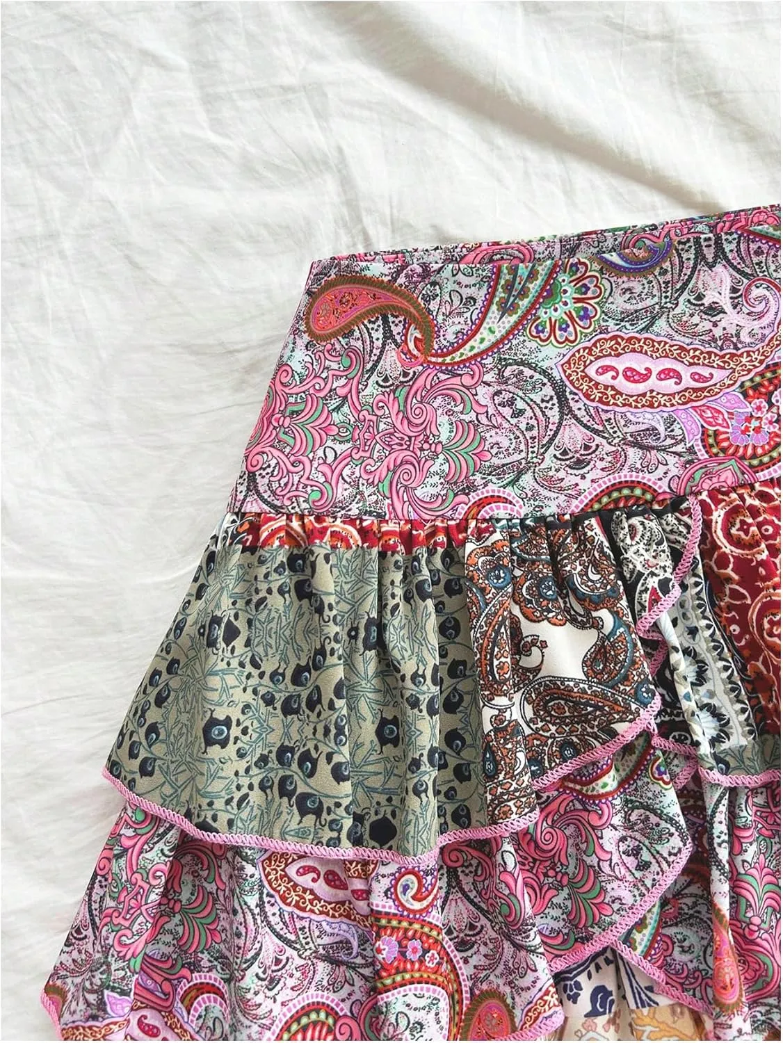 MakeMeChic Women's Boho Ruffle Hem Layered Skirt Paisley Print A Line Mini Skirts
