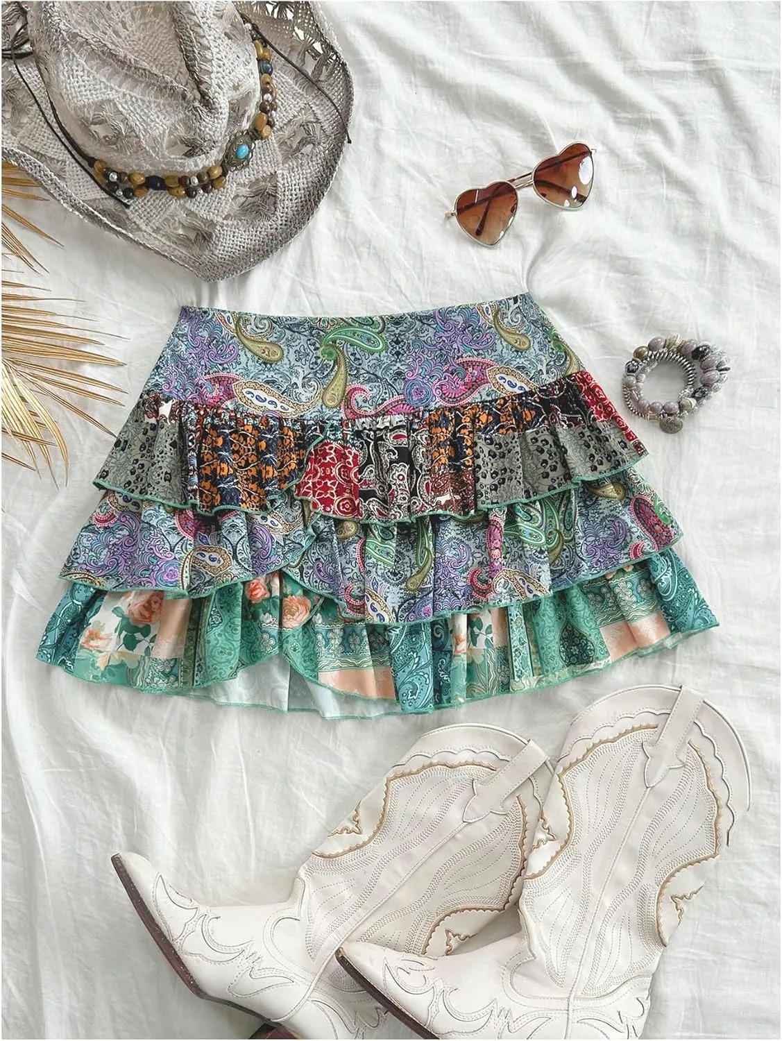 MakeMeChic Women's Boho Ruffle Hem Layered Skirt Paisley Print A Line Mini Skirts