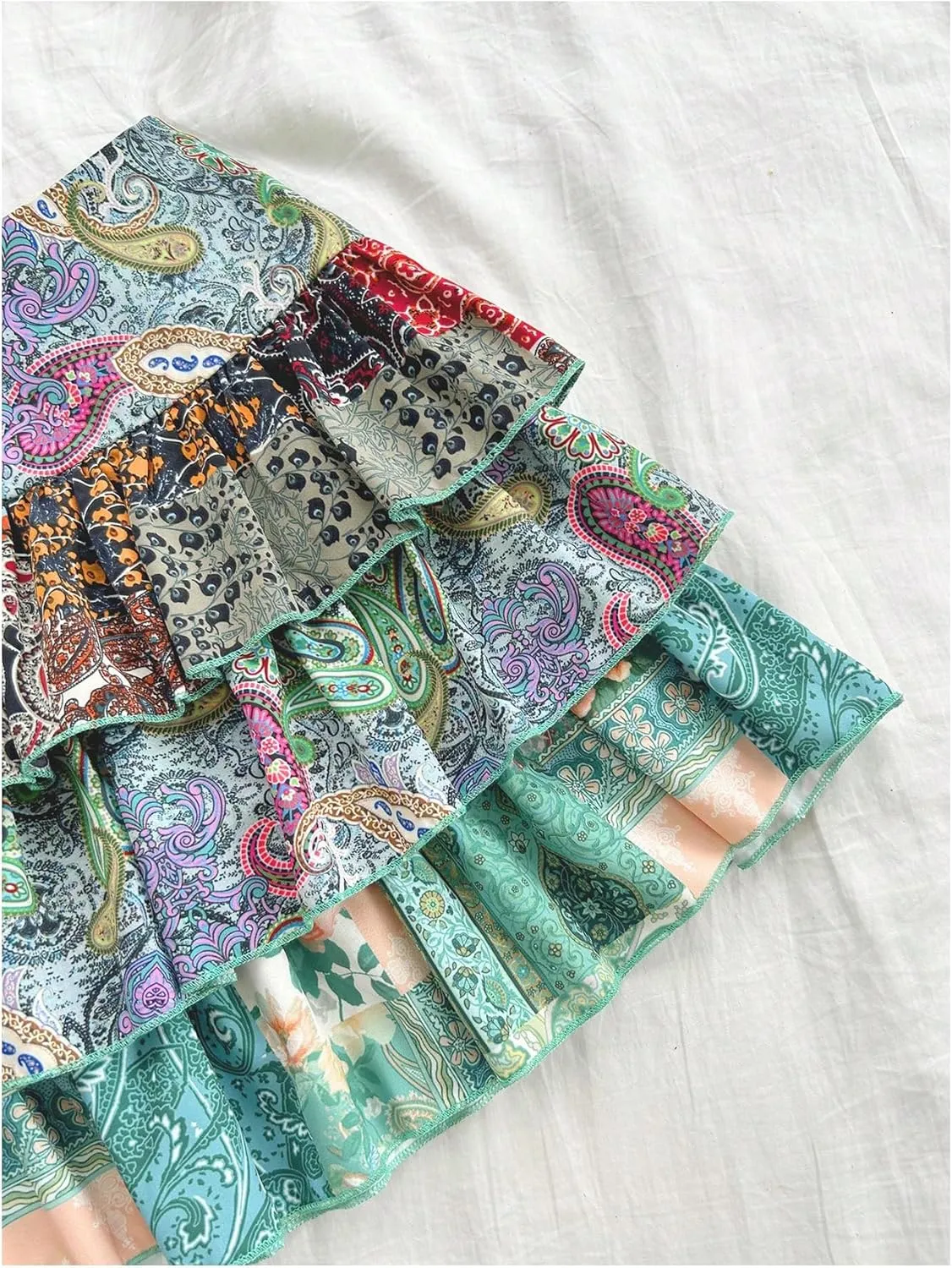 MakeMeChic Women's Boho Ruffle Hem Layered Skirt Paisley Print A Line Mini Skirts