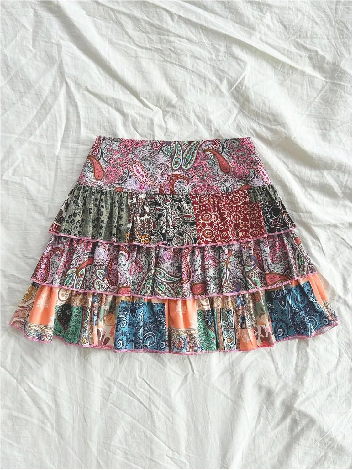 MakeMeChic Women's Boho Ruffle Hem Layered Skirt Paisley Print A Line Mini Skirts