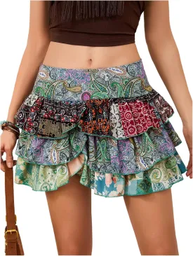 MakeMeChic Women's Boho Ruffle Hem Layered Skirt Paisley Print A Line Mini Skirts