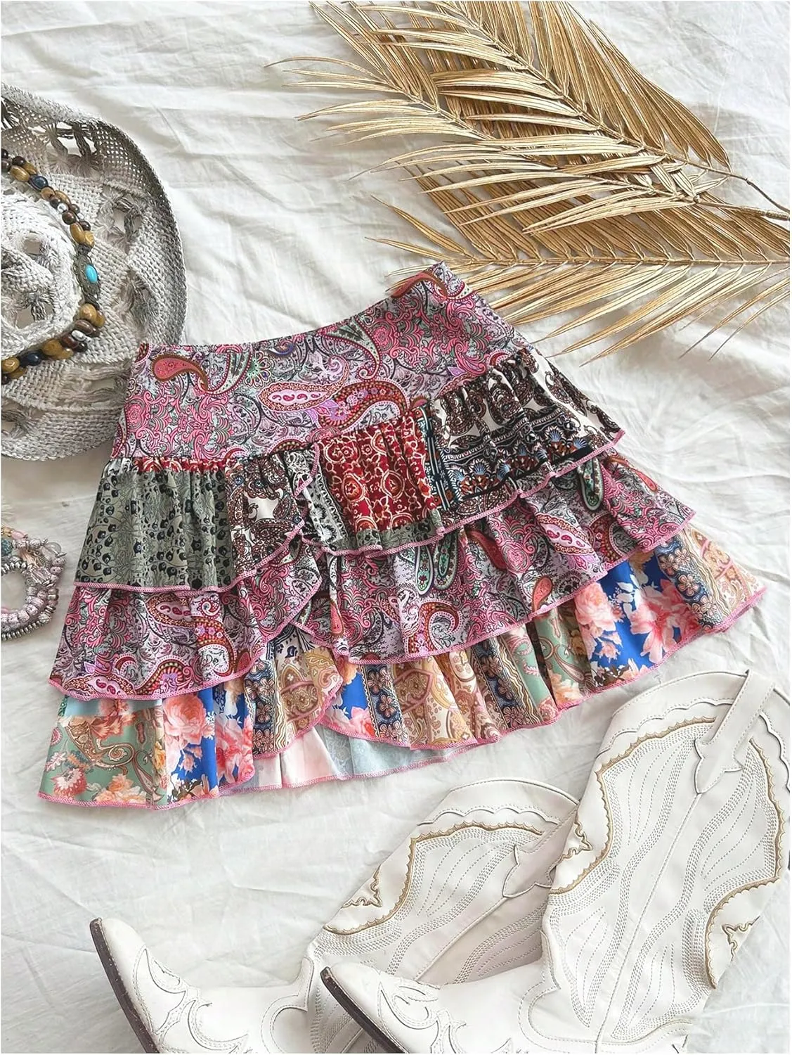 MakeMeChic Women's Boho Ruffle Hem Layered Skirt Paisley Print A Line Mini Skirts