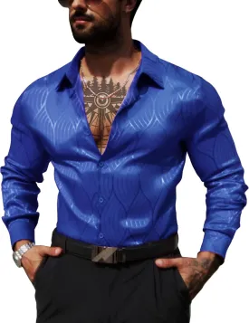 Men Metallic Satin Dress Shirt Luxury Jacquard Long Sleeve Casual Button Down Shirts Silk Shirts