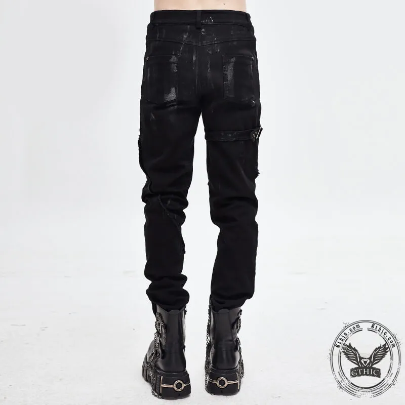 Men's Black Lace Up Slim Fit Pencil Pants