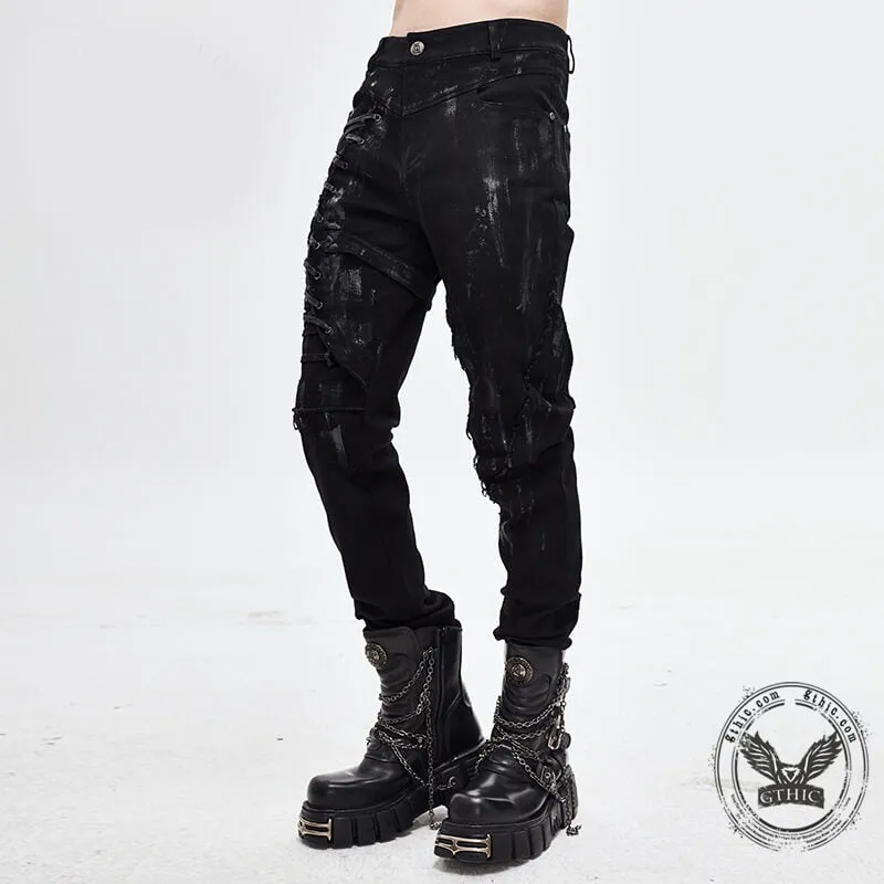 Men's Black Lace Up Slim Fit Pencil Pants