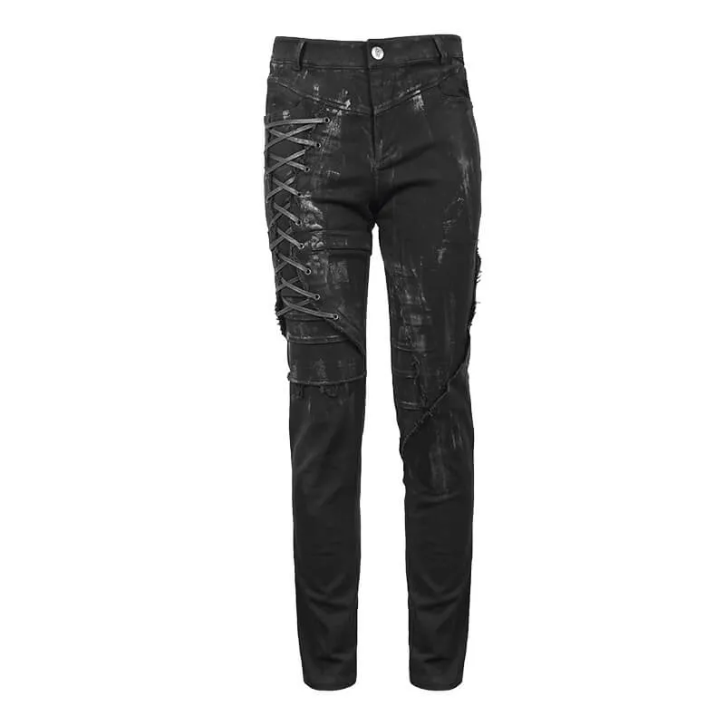 Men's Black Lace Up Slim Fit Pencil Pants
