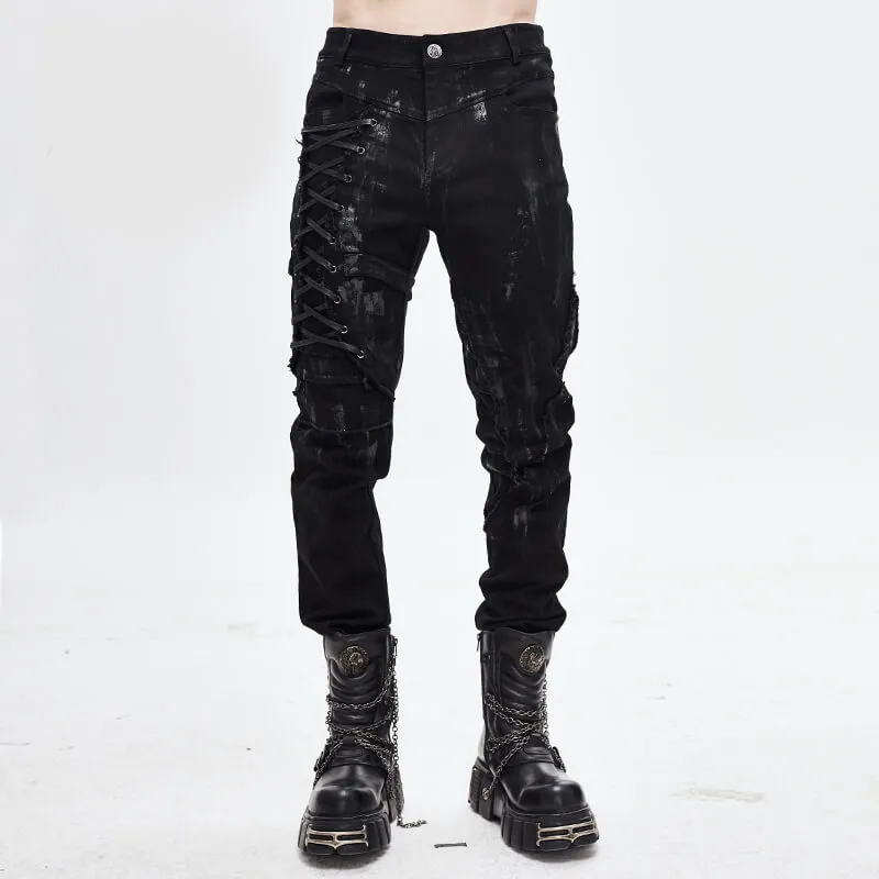 Men's Black Lace Up Slim Fit Pencil Pants