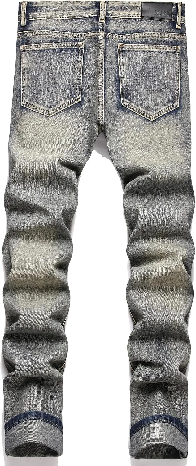 Men's Ripped Distressed Destroyed Straight Fit Washed Denim Jeans Pants