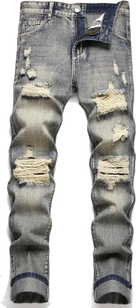 Men's Ripped Distressed Destroyed Straight Fit Washed Denim Jeans Pants