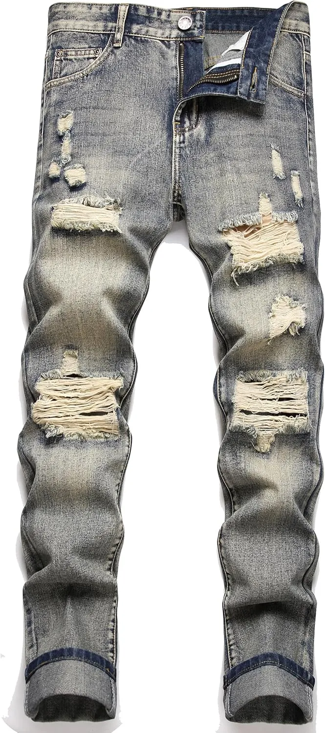 Men's Ripped Distressed Destroyed Straight Fit Washed Denim Jeans Pants