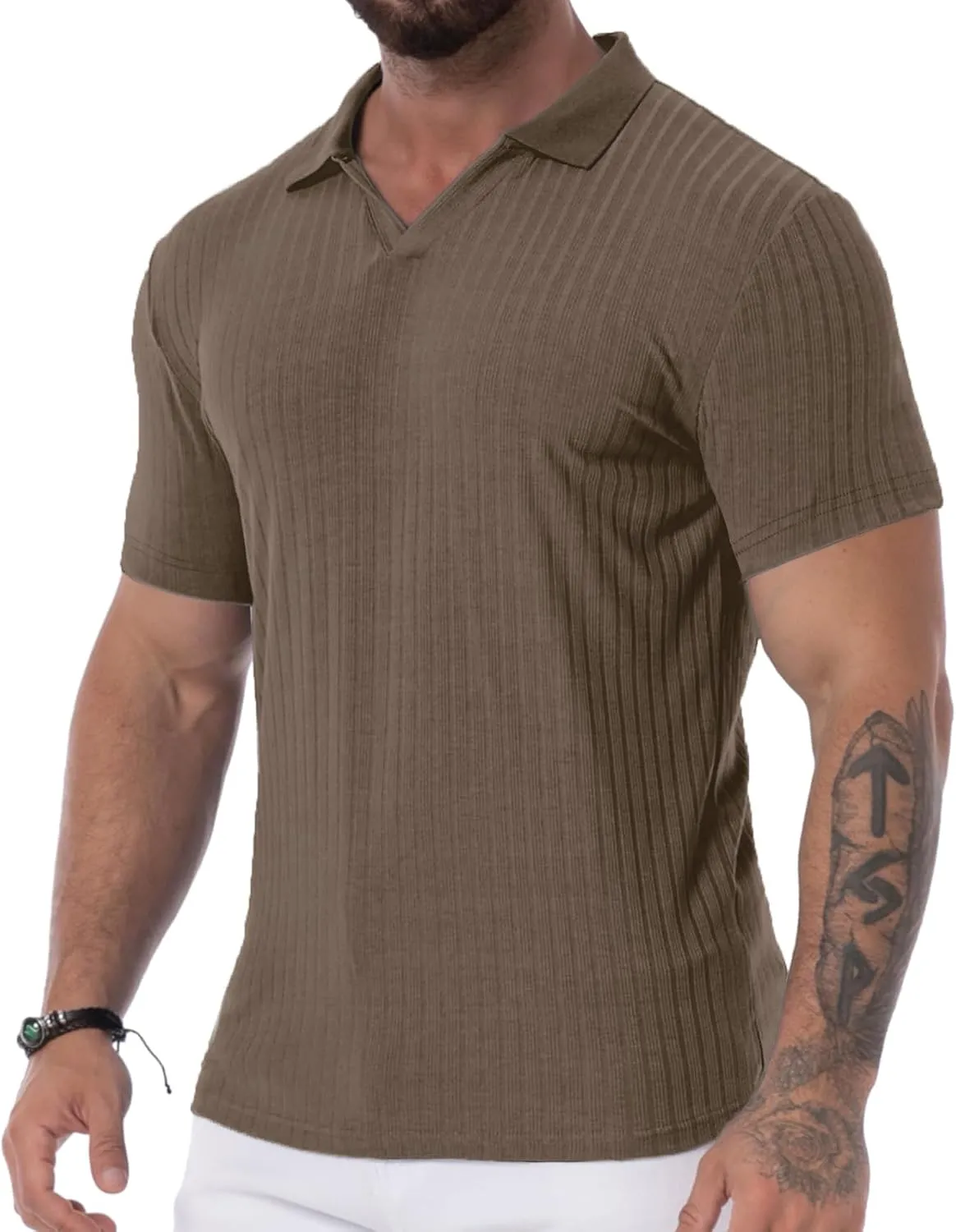 Mens V Neck Muscle Polo Shirts Slim Fit Short Sleeve Ribbed Polo T Shirt Stretch Golf Tees
