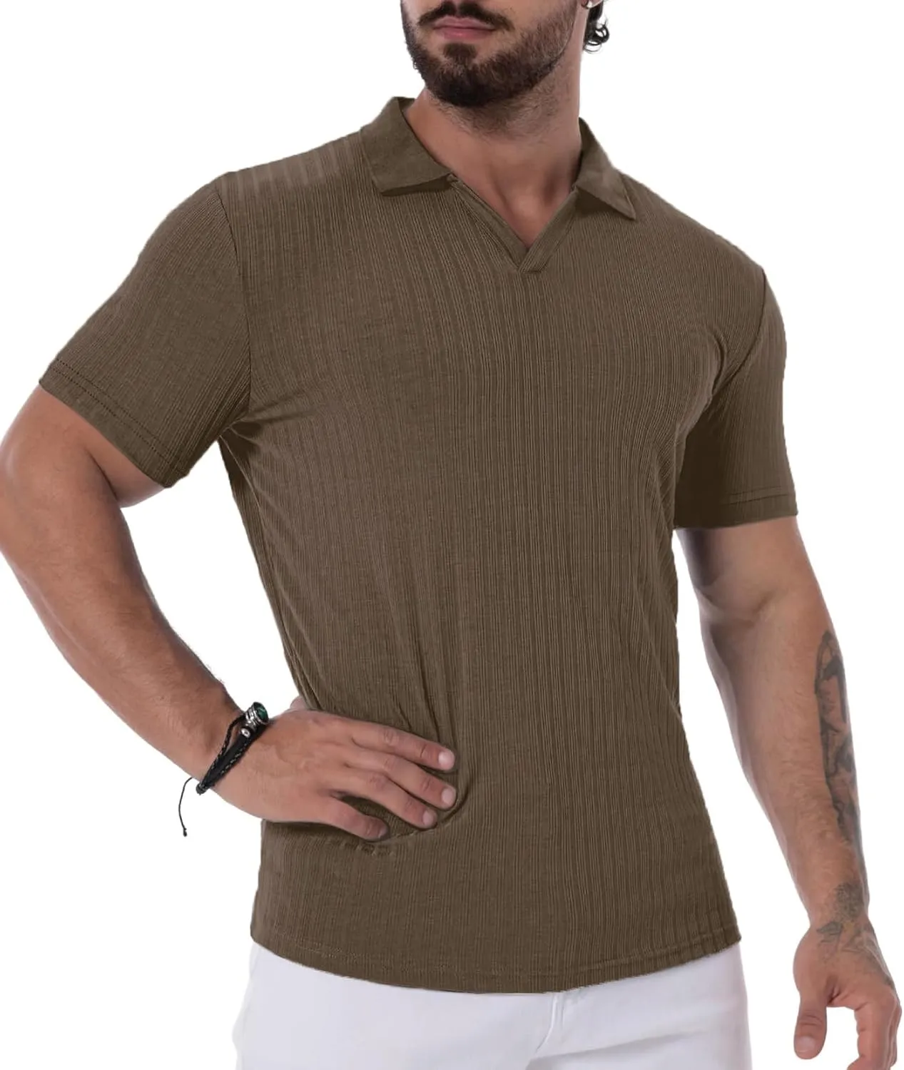 Mens V Neck Muscle Polo Shirts Slim Fit Short Sleeve Ribbed Polo T Shirt Stretch Golf Tees