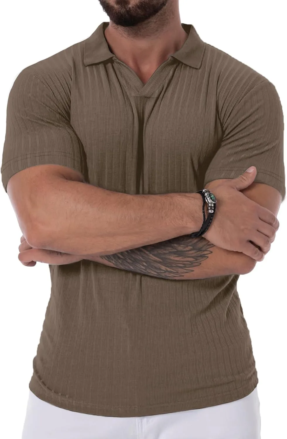 Mens V Neck Muscle Polo Shirts Slim Fit Short Sleeve Ribbed Polo T Shirt Stretch Golf Tees