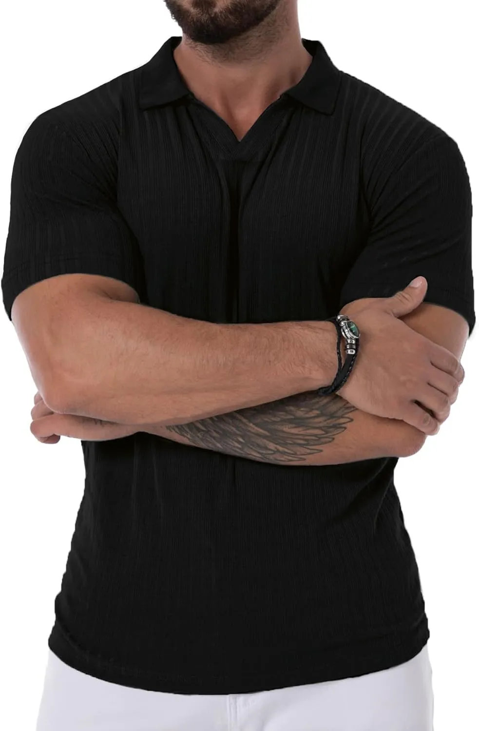 Mens V Neck Muscle Polo Shirts Slim Fit Short Sleeve Ribbed Polo T Shirt Stretch Golf Tees