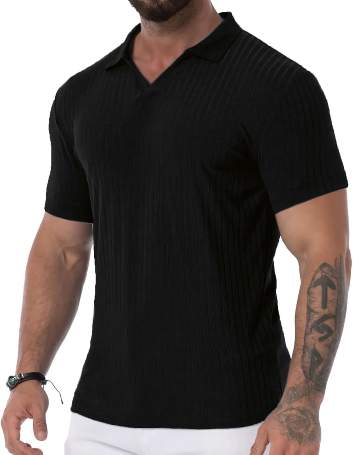 Mens V Neck Muscle Polo Shirts Slim Fit Short Sleeve Ribbed Polo T Shirt Stretch Golf Tees