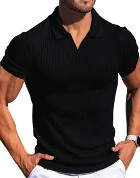 Mens V Neck Muscle Polo Shirts Slim Fit Short Sleeve Ribbed Polo T Shirt Stretch Golf Tees