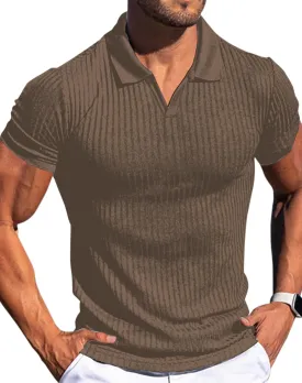 Mens V Neck Muscle Polo Shirts Slim Fit Short Sleeve Ribbed Polo T Shirt Stretch Golf Tees
