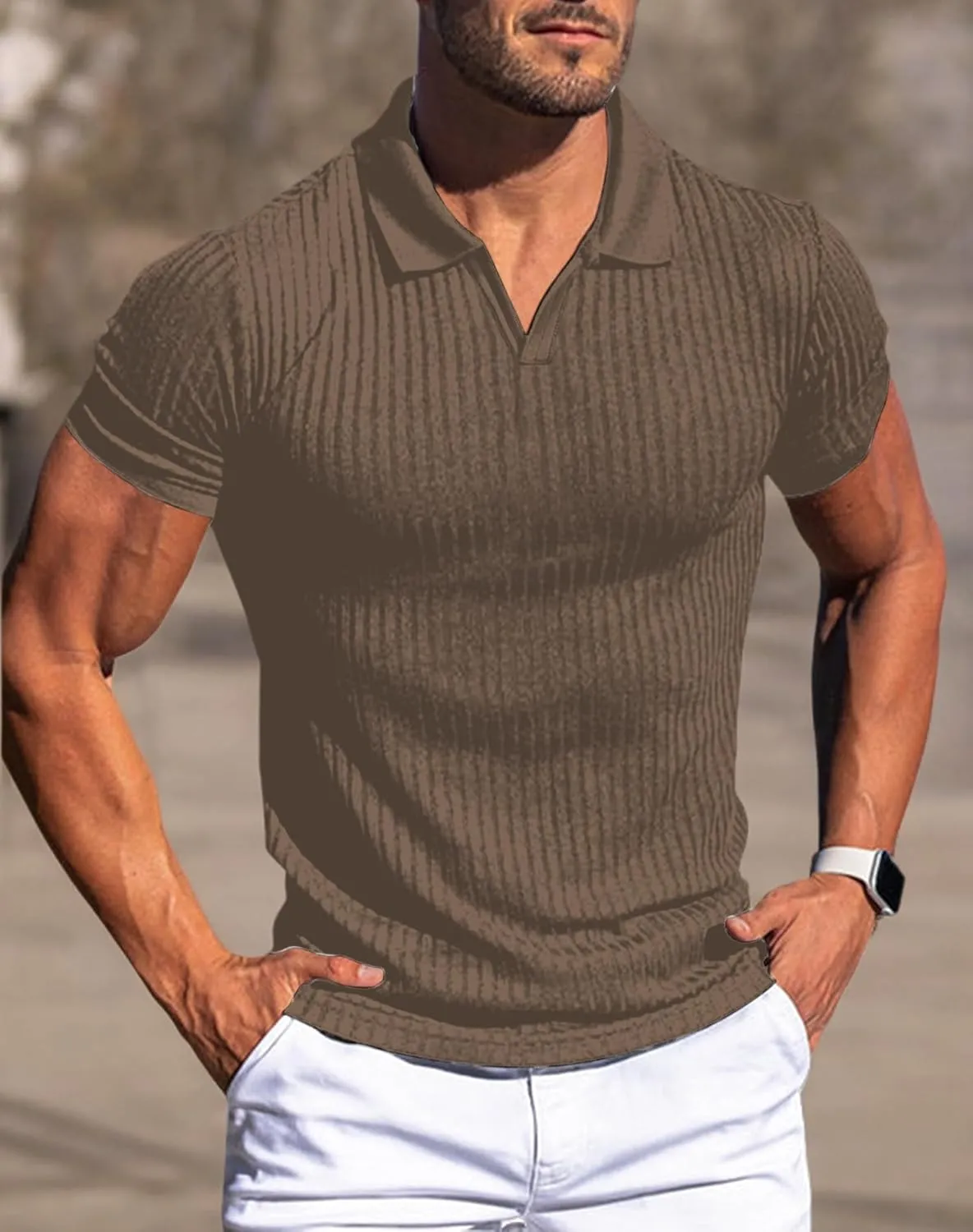 Mens V Neck Muscle Polo Shirts Slim Fit Short Sleeve Ribbed Polo T Shirt Stretch Golf Tees