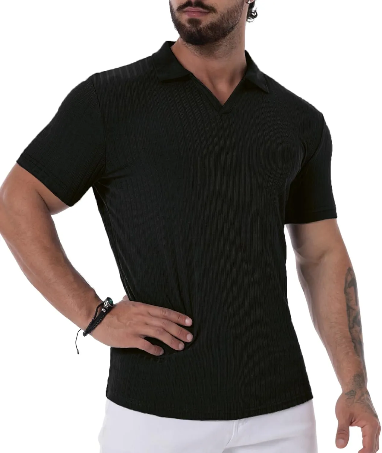 Mens V Neck Muscle Polo Shirts Slim Fit Short Sleeve Ribbed Polo T Shirt Stretch Golf Tees