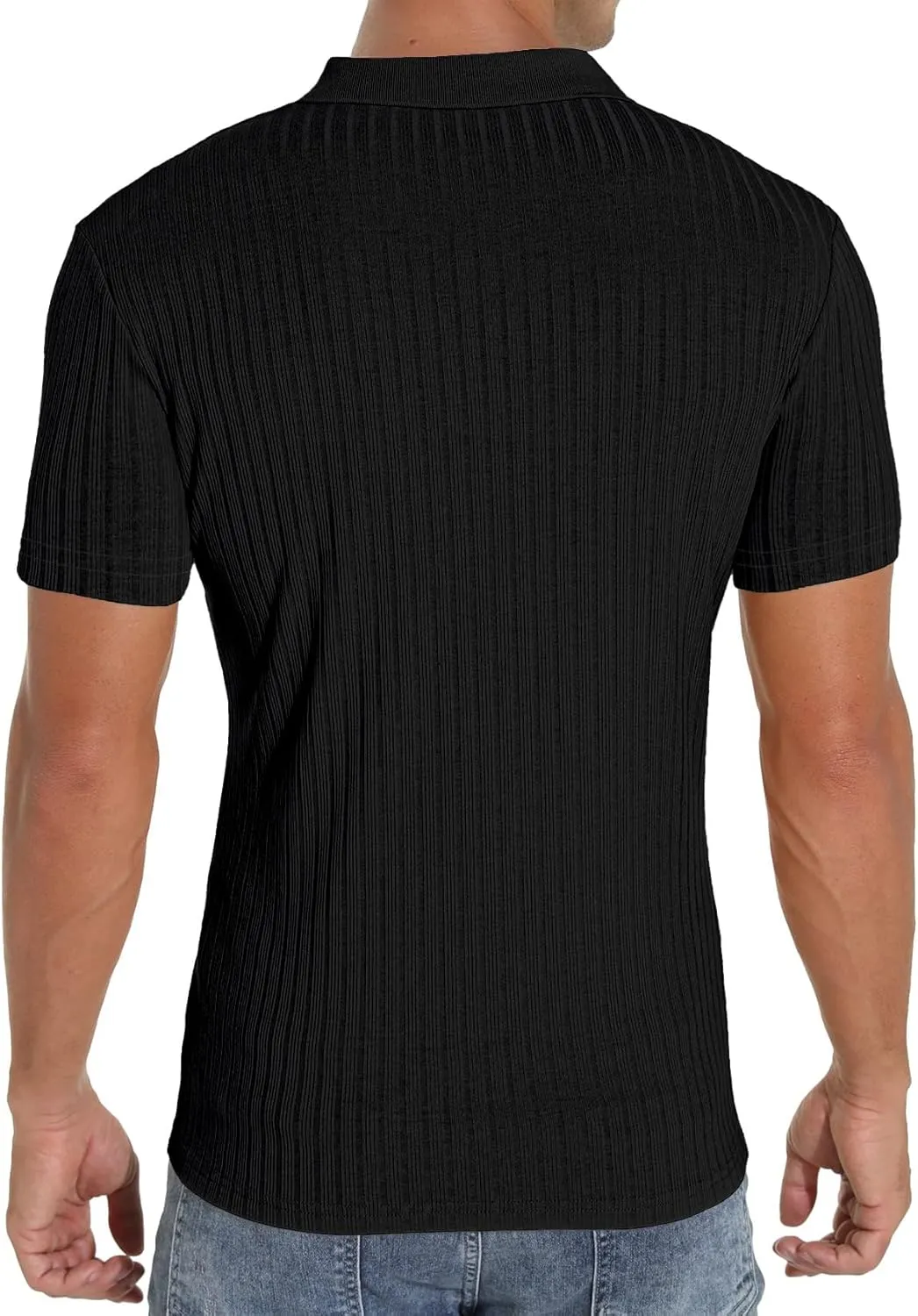 Men's Zip Polo Shirts Short Sleeve Slim Fit Ribbed Muscle Shirt Fashion Golf Tees