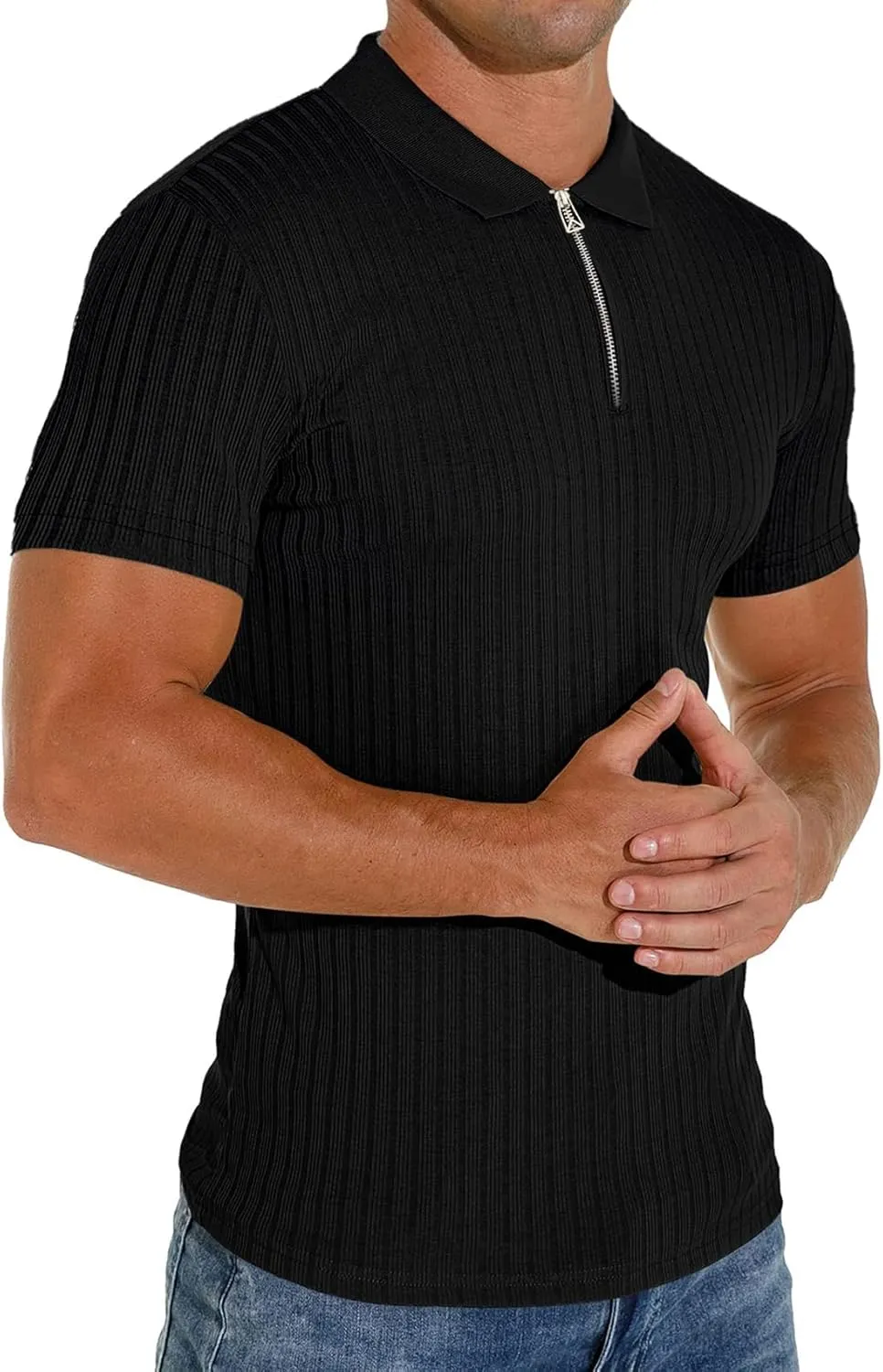 Men's Zip Polo Shirts Short Sleeve Slim Fit Ribbed Muscle Shirt Fashion Golf Tees