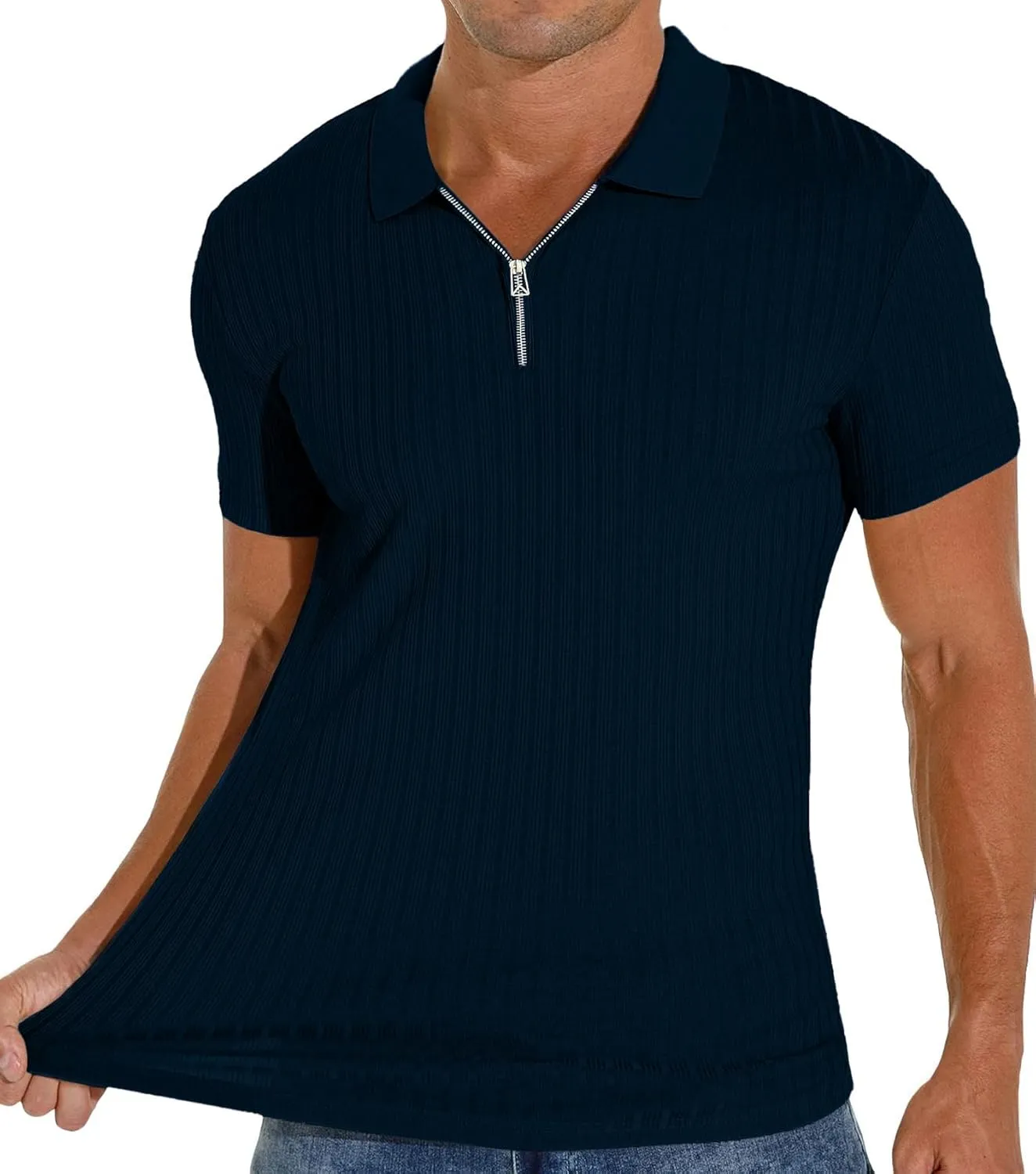 Men's Zip Polo Shirts Short Sleeve Slim Fit Ribbed Muscle Shirt Fashion Golf Tees