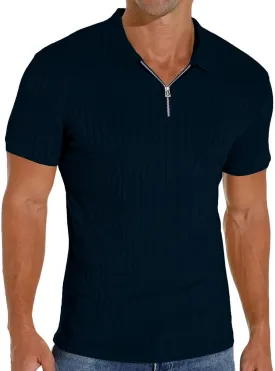 Men's Zip Polo Shirts Short Sleeve Slim Fit Ribbed Muscle Shirt Fashion Golf Tees