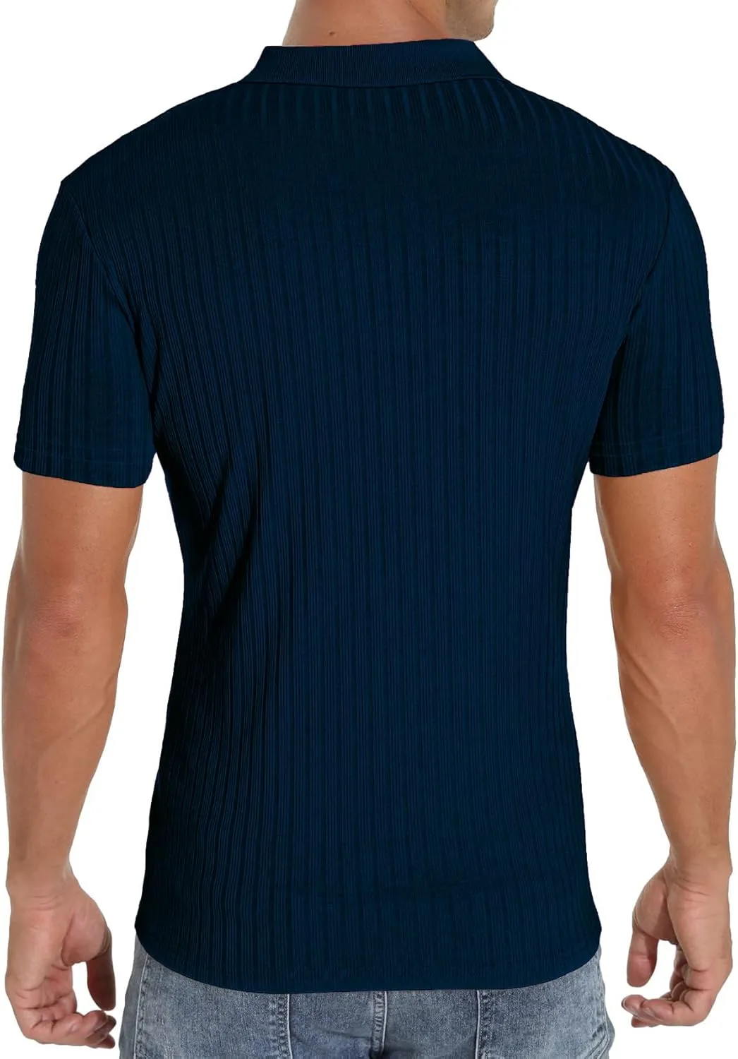 Men's Zip Polo Shirts Short Sleeve Slim Fit Ribbed Muscle Shirt Fashion Golf Tees