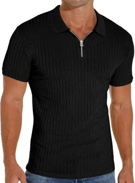 Men's Zip Polo Shirts Short Sleeve Slim Fit Ribbed Muscle Shirt Fashion Golf Tees