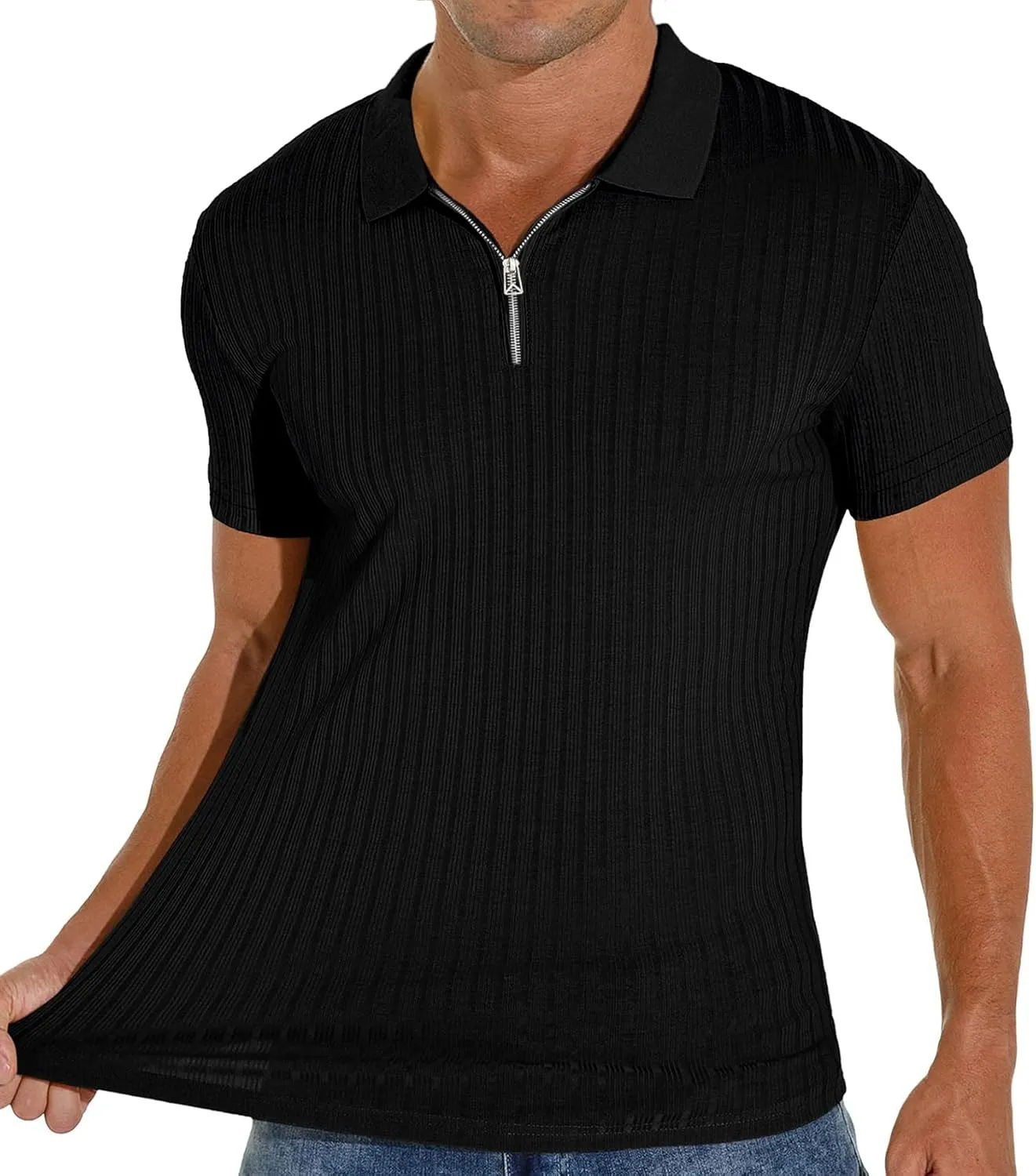 Men's Zip Polo Shirts Short Sleeve Slim Fit Ribbed Muscle Shirt Fashion Golf Tees