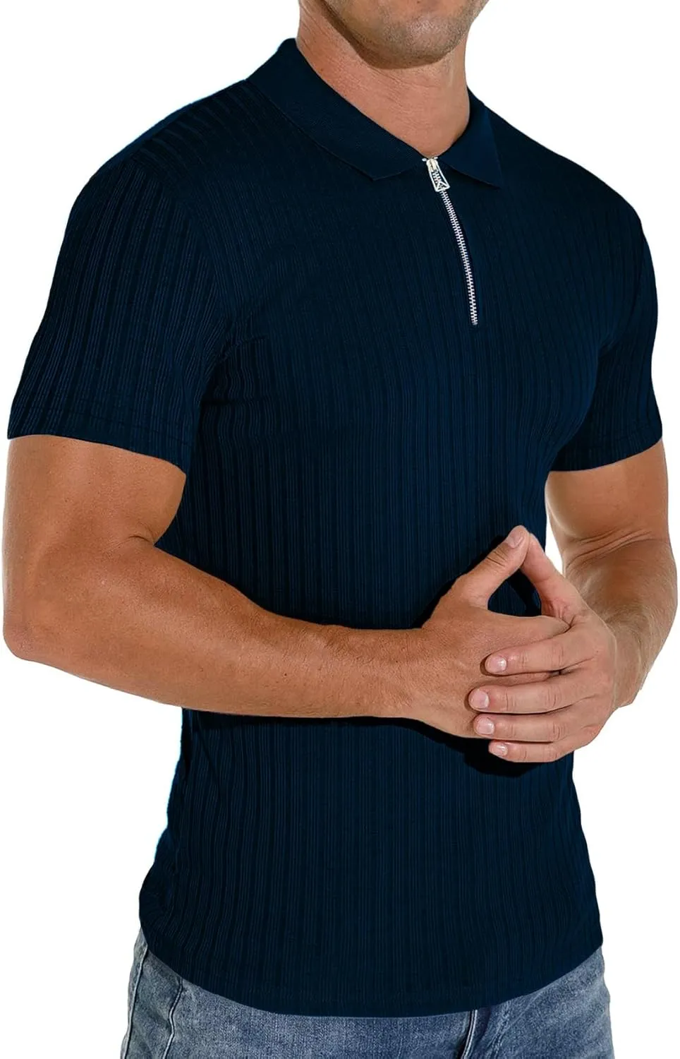 Men's Zip Polo Shirts Short Sleeve Slim Fit Ribbed Muscle Shirt Fashion Golf Tees