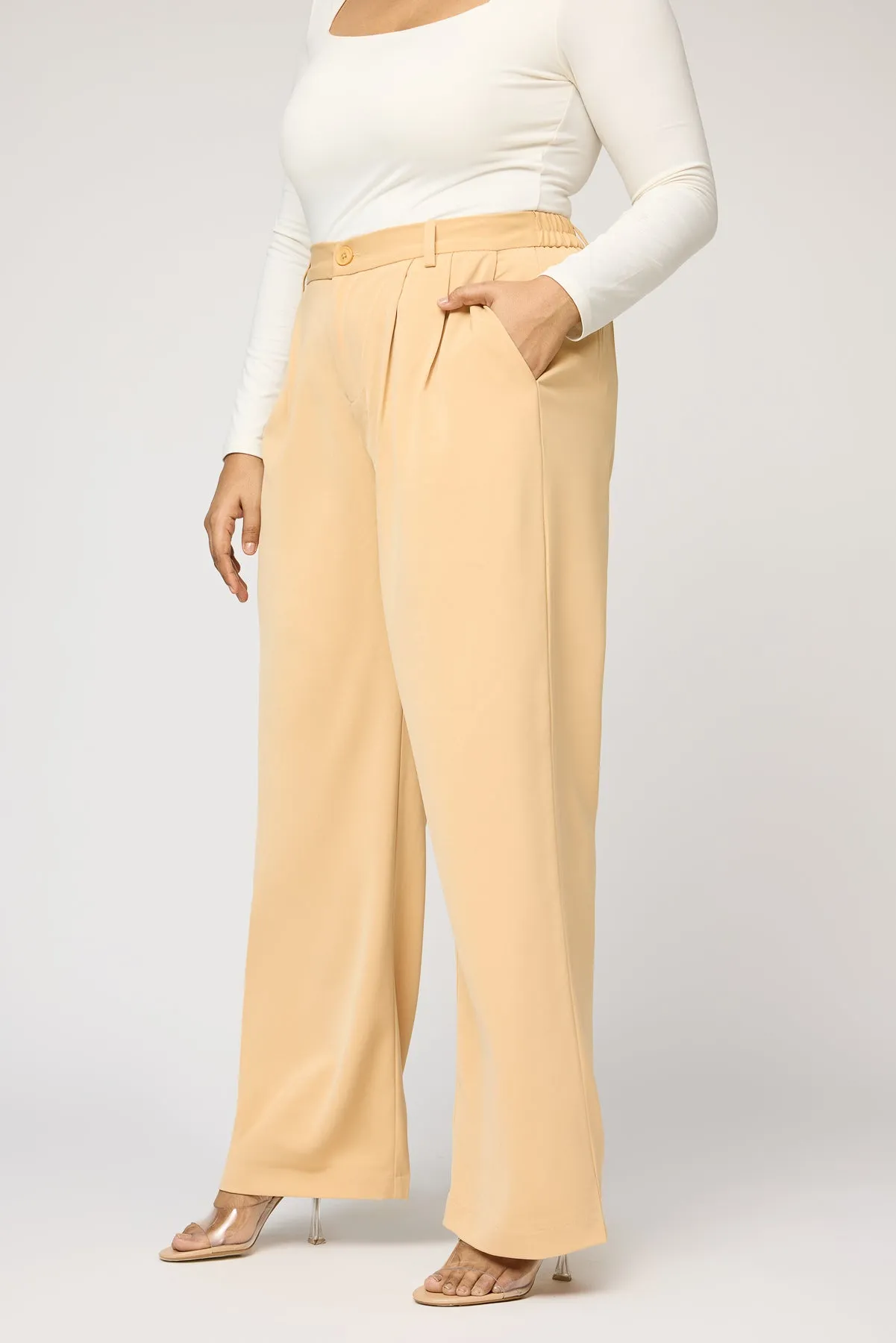 Nude Beige Curve Pleated Straight Korean Pants