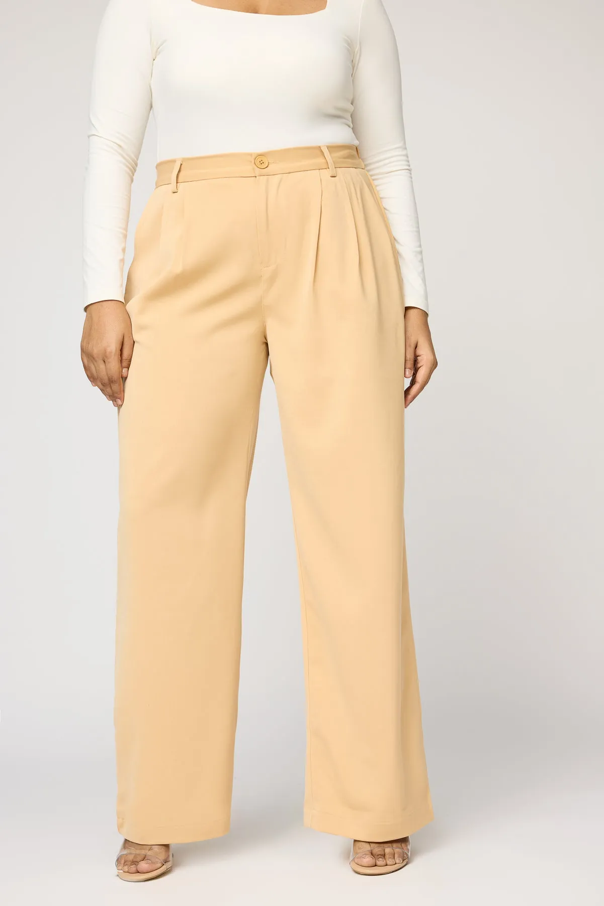 Nude Beige Curve Pleated Straight Korean Pants