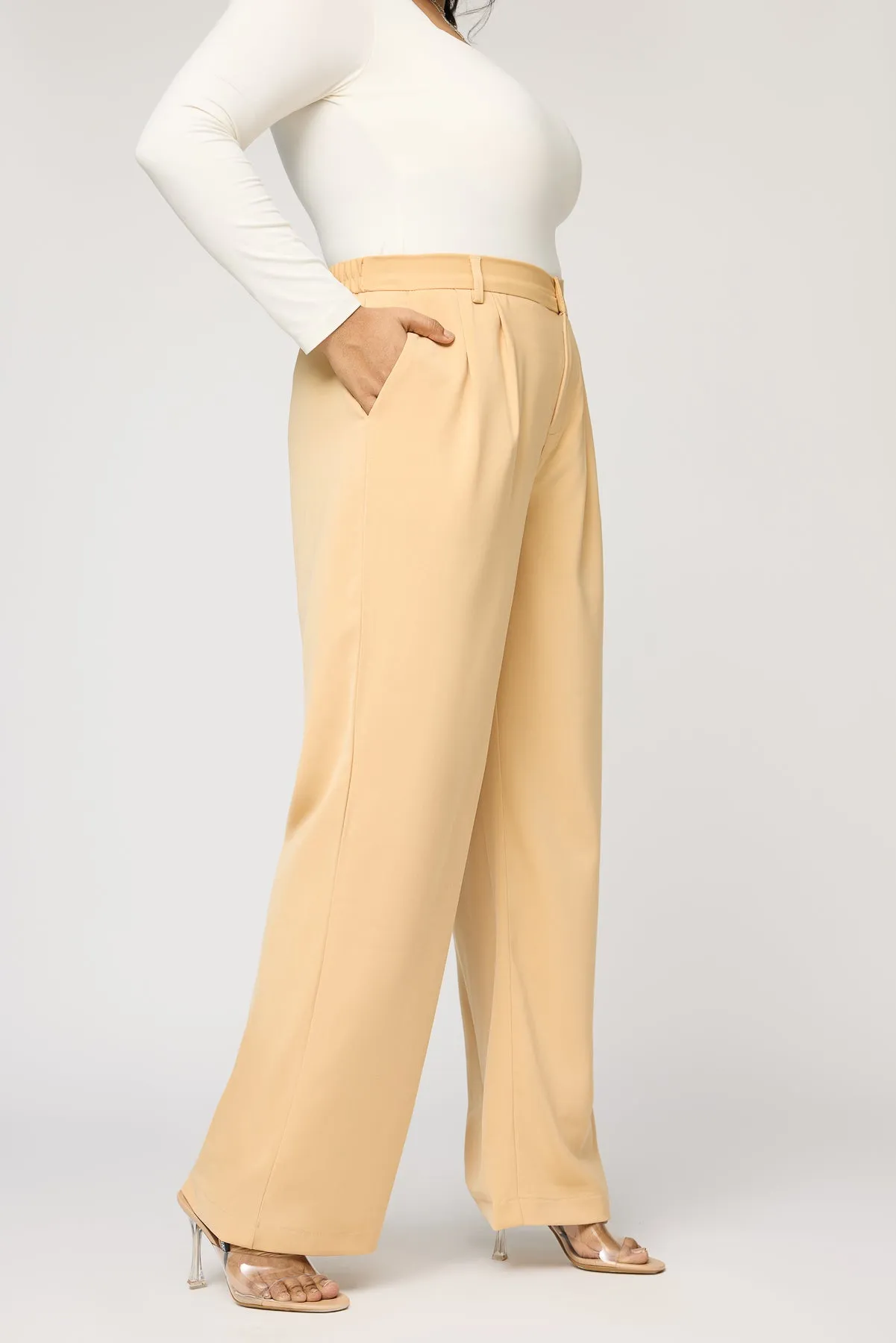 Nude Beige Curve Pleated Straight Korean Pants