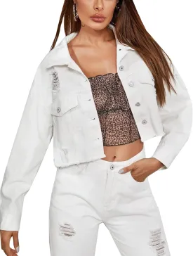 PEHMEA Women's Frayed Raw Hem Denim Jacket Button Down Cropped Ripped Jean Coat
