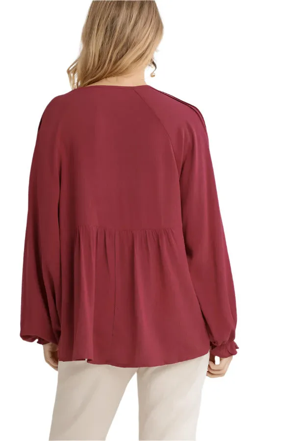 Pleated Detail Babydoll Top, Burgundy