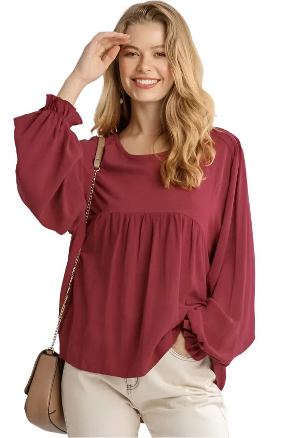 Pleated Detail Babydoll Top, Burgundy