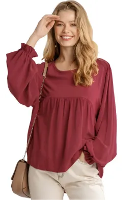Pleated Detail Babydoll Top, Burgundy