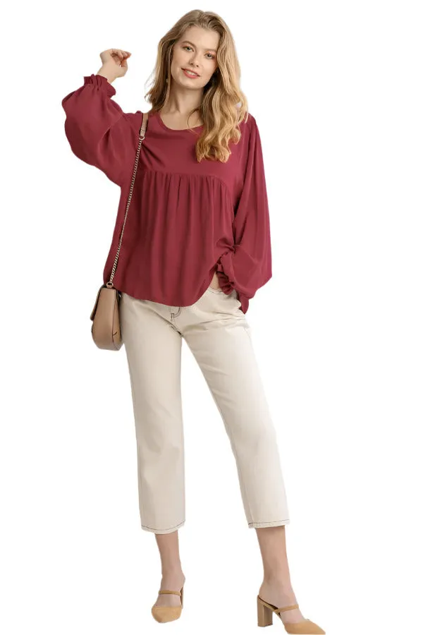 Pleated Detail Babydoll Top, Burgundy