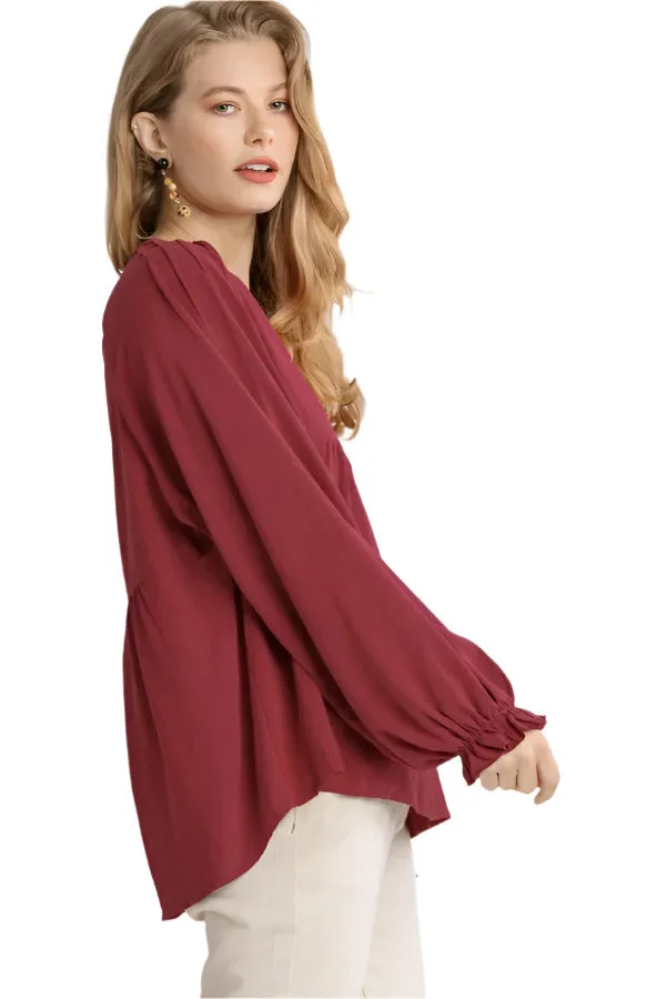 Pleated Detail Babydoll Top, Burgundy
