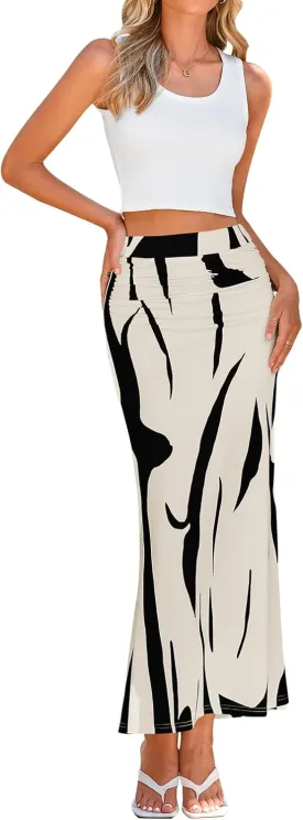 PRETTYGARDEN Women's 2025 Stretch Graphic Print Fishtail Long Skirts for Women Spring Trendy Ruched Waist Maxi Skirt