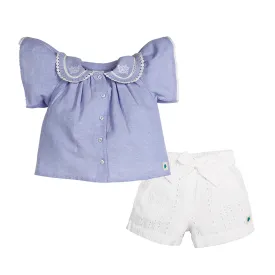 Pure Cotton Lara Sky Oxford Chambray Top with Eyelet Shorts - Blue & White