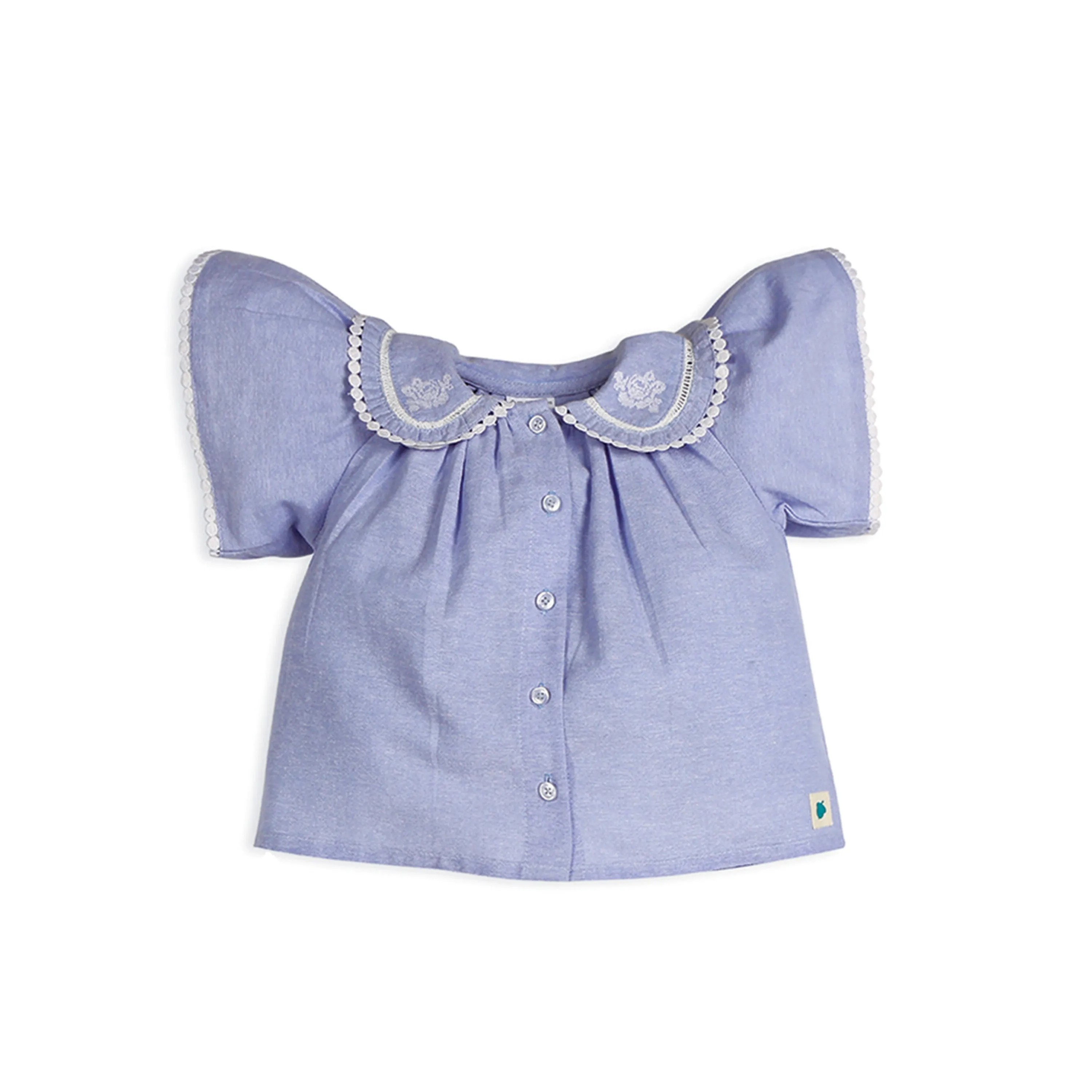 Pure Cotton Lara Sky Oxford Chambray Top with Eyelet Shorts - Blue & White