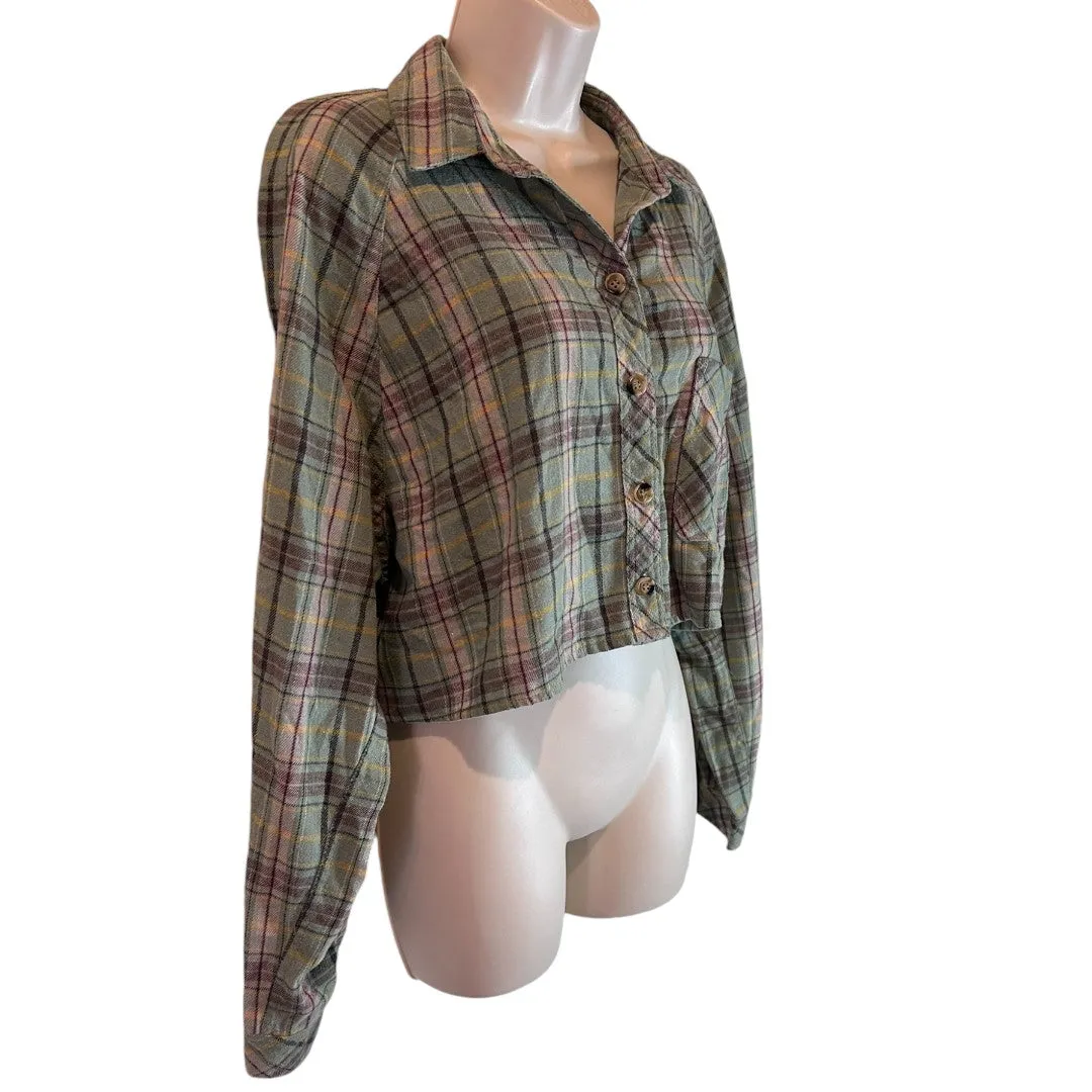 Sage Green Plaid Cropped Button-Up Flannel Shirt Long Sleeve